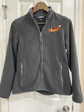 Lands End Fleece Jacket Womens Medium Gray Fox Embroidered Full Zip Cottagecore